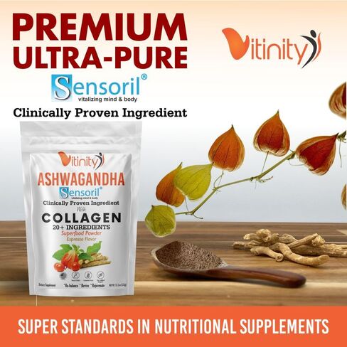 ASHWAGANDHA SUPERFOOD 20+ مكون رئيسي، مسحوق الكولاجين (مزيج متعدد) مع مستشعر مثبت سريريًا (أشواغاندا) للبالغين، توصيل سائل سريع المفعول (كمية تكفي لمدة 30 يومًا) in Kuwait
