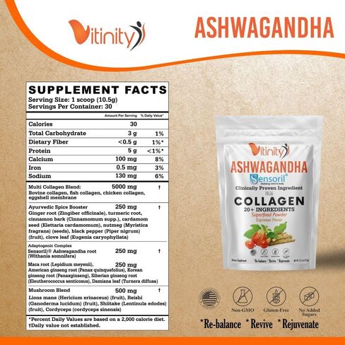 ASHWAGANDHA SUPERFOOD 20+ مكون رئيسي، مسحوق الكولاجين (مزيج متعدد) مع مستشعر مثبت سريريًا (أشواغاندا) للبالغين، توصيل سائل سريع المفعول (كمية تكفي لمدة 30 يومًا) in Kuwait