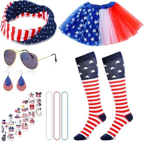 13 Pieces American Flag Costume Set Include 4th of July Tutu Skirt Headband Sunglasses Earrings Necklace Knee Stockings and Tattoos Stickers for Independence Day Decorations in Saudi Arabia