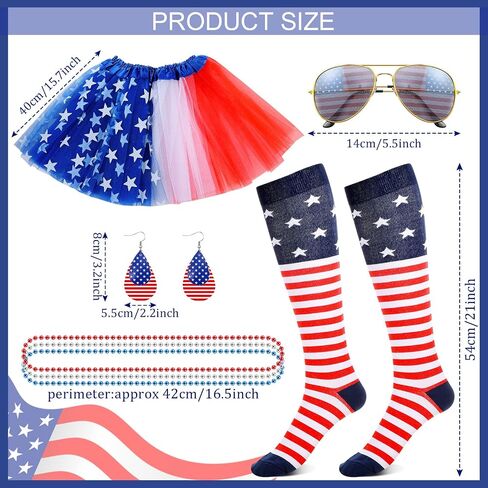 13 Pieces American Flag Costume Set Include 4th of July Tutu Skirt Headband Sunglasses Earrings Necklace Knee Stockings and Tattoos Stickers for Independence Day Decorations in Saudi Arabia