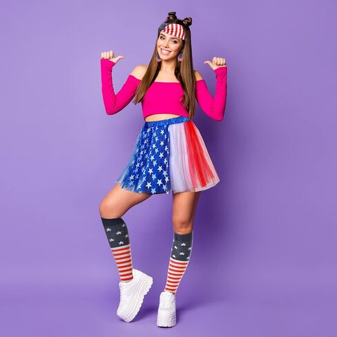 13 Pieces American Flag Costume Set Include 4th of July Tutu Skirt Headband Sunglasses Earrings Necklace Knee Stockings and Tattoos Stickers for Independence Day Decorations in Saudi Arabia