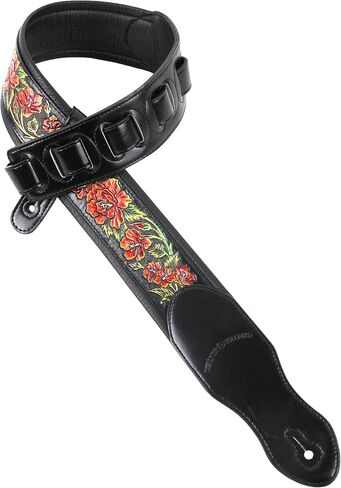 Walker And Williams KB-10 Gloss Black Premium Padded Guitar Strap With Bright Red Roses On Carved Leather in Saudi Arabia