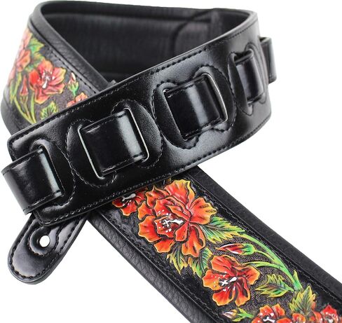 Walker And Williams KB-10 Gloss Black Premium Padded Guitar Strap With Bright Red Roses On Carved Leather in Saudi Arabia