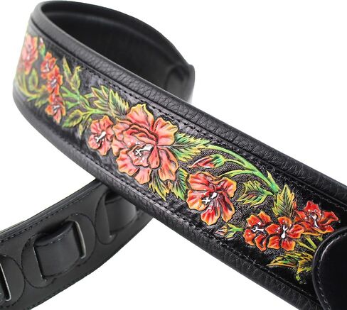 Walker And Williams KB-10 Gloss Black Premium Padded Guitar Strap With Bright Red Roses On Carved Leather in Saudi Arabia