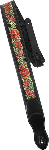 Walker And Williams KB-10 Gloss Black Premium Padded Guitar Strap With Bright Red Roses On Carved Leather in Saudi Arabia