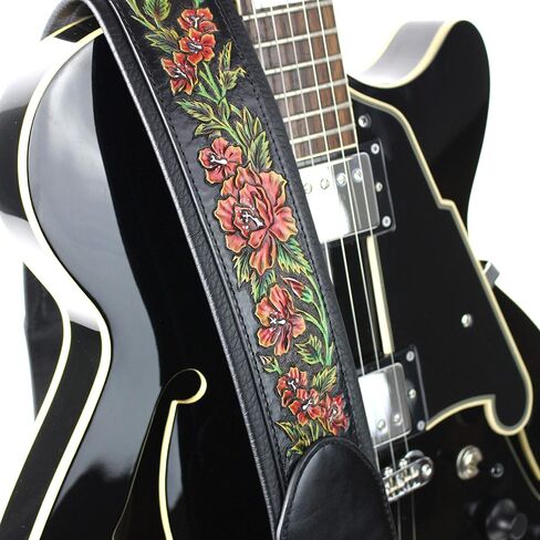 Walker And Williams KB-10 Gloss Black Premium Padded Guitar Strap With Bright Red Roses On Carved Leather in Saudi Arabia