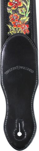 Walker And Williams KB-10 Gloss Black Premium Padded Guitar Strap With Bright Red Roses On Carved Leather in Saudi Arabia