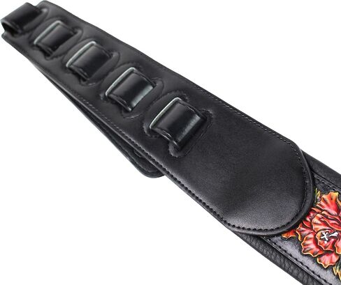 Walker And Williams KB-10 Gloss Black Premium Padded Guitar Strap With Bright Red Roses On Carved Leather in Saudi Arabia