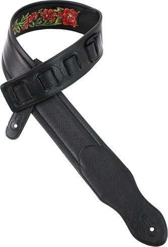 Walker And Williams KB-10 Gloss Black Premium Padded Guitar Strap With Bright Red Roses On Carved Leather in Saudi Arabia