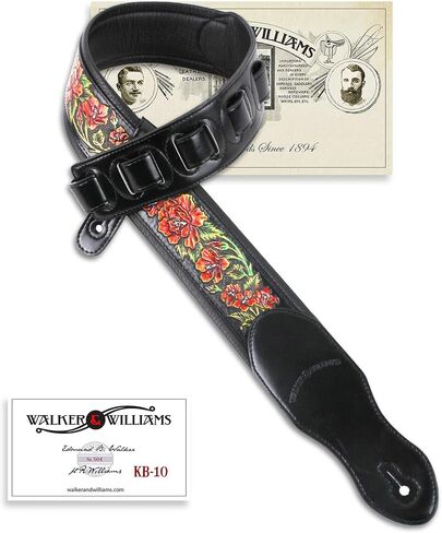 Walker And Williams KB-10 Gloss Black Premium Padded Guitar Strap With Bright Red Roses On Carved Leather in Saudi Arabia