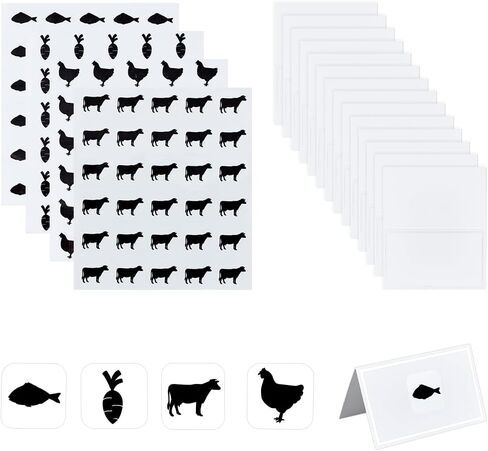 OLYCRAFT 240pcs 4 Style Gold Meal Sticker 0.4 Inch with 60pcs Table Place Cards Food Choice Sticker Set Cow/Chicken/Fish/Carrot Wedding Meal Stickers with Blank Table Cards for Wedding Party Supplies in Saudi Arabia