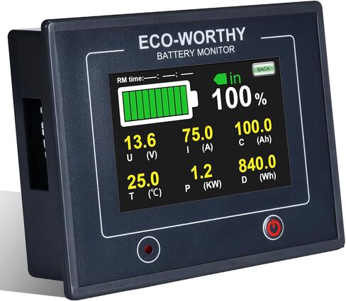 شاشة بطارية قابلة للمس 200 أمبير مُحدثة من ECO-WORTHY مع مستشعر القاعة، عداد بطارية 0-100 فولت مع برنامج، كشف تلقائي، لبطارية ليثيوم أيون 12 فولت/24 فولت/36 فولت/48 فولت/LiFePO4/AGM/جل في نظام RV/الطاقة الشمسية in Kuwait