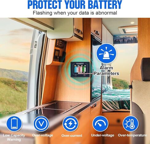 شاشة بطارية قابلة للمس 200 أمبير مُحدثة من ECO-WORTHY مع مستشعر القاعة، عداد بطارية 0-100 فولت مع برنامج، كشف تلقائي، لبطارية ليثيوم أيون 12 فولت/24 فولت/36 فولت/48 فولت/LiFePO4/AGM/جل في نظام RV/الطاقة الشمسية in Kuwait