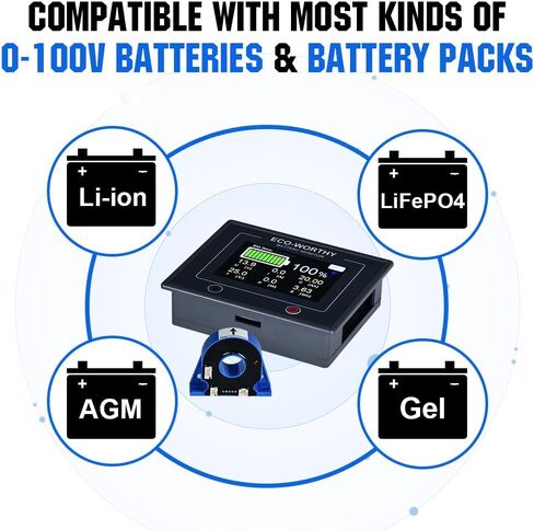 شاشة بطارية قابلة للمس 200 أمبير مُحدثة من ECO-WORTHY مع مستشعر القاعة، عداد بطارية 0-100 فولت مع برنامج، كشف تلقائي، لبطارية ليثيوم أيون 12 فولت/24 فولت/36 فولت/48 فولت/LiFePO4/AGM/جل في نظام RV/الطاقة الشمسية in Kuwait