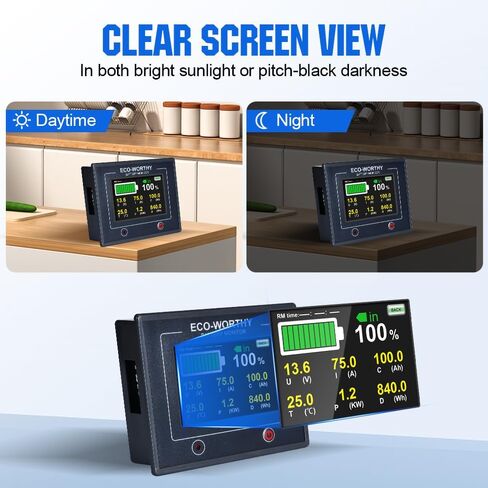 شاشة بطارية قابلة للمس 200 أمبير مُحدثة من ECO-WORTHY مع مستشعر القاعة، عداد بطارية 0-100 فولت مع برنامج، كشف تلقائي، لبطارية ليثيوم أيون 12 فولت/24 فولت/36 فولت/48 فولت/LiFePO4/AGM/جل في نظام RV/الطاقة الشمسية in Kuwait