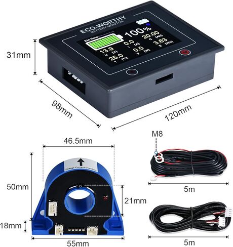 شاشة بطارية قابلة للمس 200 أمبير مُحدثة من ECO-WORTHY مع مستشعر القاعة، عداد بطارية 0-100 فولت مع برنامج، كشف تلقائي، لبطارية ليثيوم أيون 12 فولت/24 فولت/36 فولت/48 فولت/LiFePO4/AGM/جل في نظام RV/الطاقة الشمسية in Kuwait