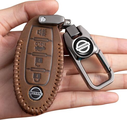 Car Key Case Genuine Leather Protector with Keychain suitable for Nissan Altima GT-R Rogue Sentra Maxima Car Remote Key Holder Fob Cover case 4 Buttons car accessories in Saudi Arabia