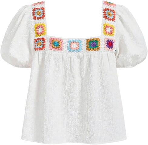 SHENHE Women's Floral Crochet Square Neck Puff Sleeve Shirt Loose Boho Blouse Top in Saudi Arabia