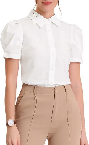 Allegra K Women's Puff Short Sleeve Turn Down Collared Work Office Button Down Shirt in Kuwait
