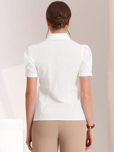 Allegra K Women's Puff Short Sleeve Turn Down Collared Work Office Button Down Shirt in Kuwait