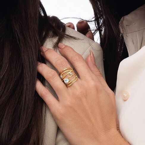 خواتم من الذهب عيار 14 قيراط فوق الفضة الاسترليني مع 1.75 TCW سلك زركونيا مكعب ملفوف متعدد الخيوط، خواتم ذهبية أنيقة، هدايا للنساء، مجوهرات جمالية، خواتم للنساء، مجوهرات ذهبية للنساء in Kuwait