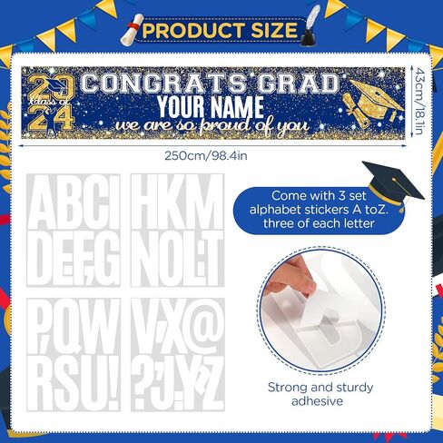 Graduation Party Decorations Banner Blue Gold Personalized Graduation Yard Banner Sign Congrats Grad Banner with 78 Alphabet Stickers for Class of 2024 High School College Graduation Party Supplies in Saudi Arabia