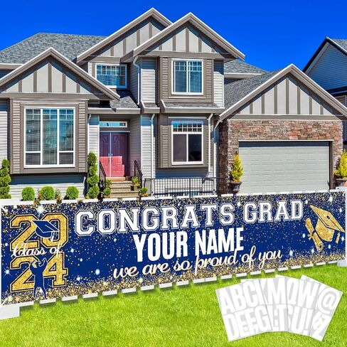 Graduation Party Decorations Banner Blue Gold Personalized Graduation Yard Banner Sign Congrats Grad Banner with 78 Alphabet Stickers for Class of 2024 High School College Graduation Party Supplies in Saudi Arabia
