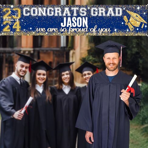 Graduation Party Decorations Banner Blue Gold Personalized Graduation Yard Banner Sign Congrats Grad Banner with 78 Alphabet Stickers for Class of 2024 High School College Graduation Party Supplies in Saudi Arabia