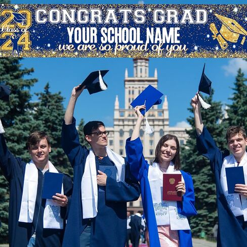 Graduation Party Decorations Banner Blue Gold Personalized Graduation Yard Banner Sign Congrats Grad Banner with 78 Alphabet Stickers for Class of 2024 High School College Graduation Party Supplies in Saudi Arabia