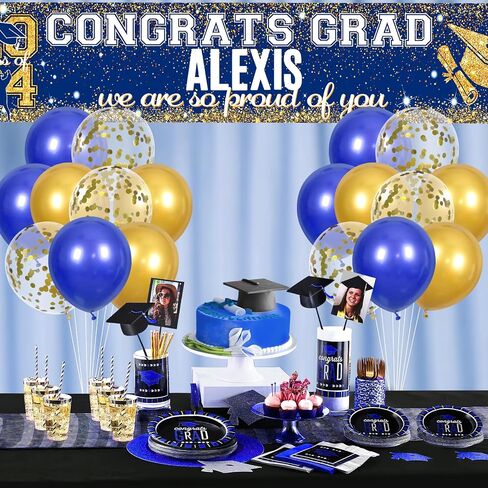 Graduation Party Decorations Banner Blue Gold Personalized Graduation Yard Banner Sign Congrats Grad Banner with 78 Alphabet Stickers for Class of 2024 High School College Graduation Party Supplies in Saudi Arabia
