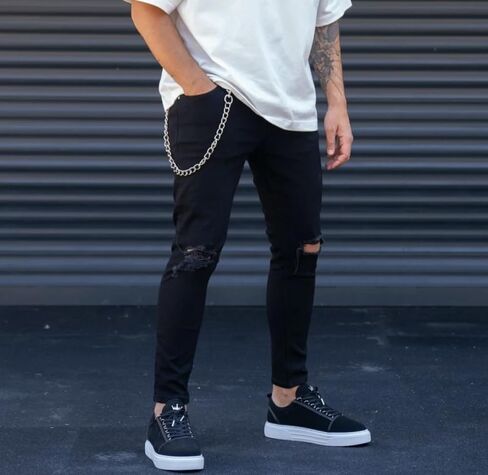 Solid Black Knee Cut Desing Denim Jeans for Men in Saudi Arabia