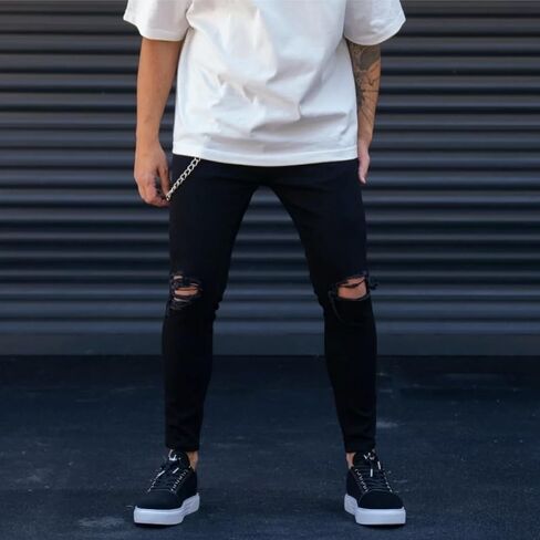 Solid Black Knee Cut Desing Denim Jeans for Men in Saudi Arabia