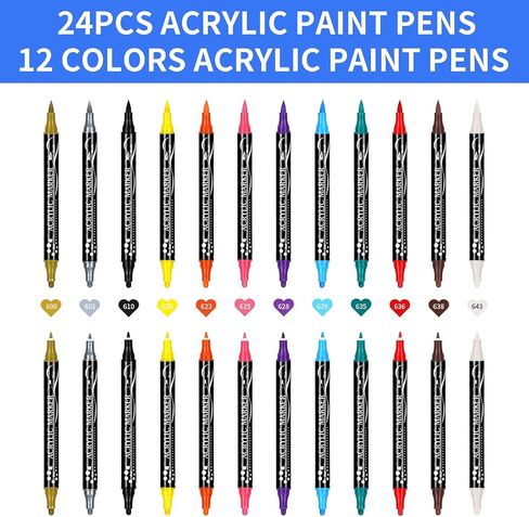 24PCS Acrylic Paint Markers - Dual Tip Acrylic Paint Pens (12 Colors) Paint Markers, for Rock Painting, Ceramic, Wood, Plastic, Calligraphy, Scrapbooking, Brush Lettering, Card Making, DIY Crafts in Saudi Arabia