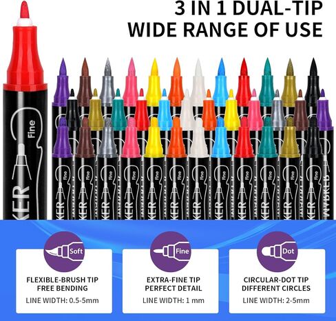 24PCS Acrylic Paint Markers - Dual Tip Acrylic Paint Pens (12 Colors) Paint Markers, for Rock Painting, Ceramic, Wood, Plastic, Calligraphy, Scrapbooking, Brush Lettering, Card Making, DIY Crafts in Saudi Arabia