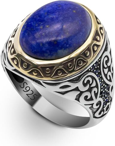 Solid 925 Sterling Silver Men Ring with Agate/Lapis Lazuli, Turkish Design Jewelry Male Ring, Cubic Zirconia Stone Ring for Gift in Saudi Arabia