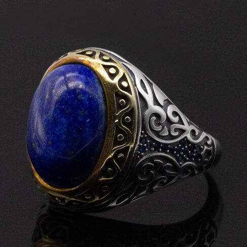 Solid 925 Sterling Silver Men Ring with Agate/Lapis Lazuli, Turkish Design Jewelry Male Ring, Cubic Zirconia Stone Ring for Gift in Saudi Arabia