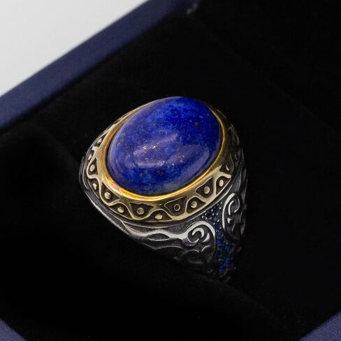 Solid 925 Sterling Silver Men Ring with Agate/Lapis Lazuli, Turkish Design Jewelry Male Ring, Cubic Zirconia Stone Ring for Gift in Saudi Arabia