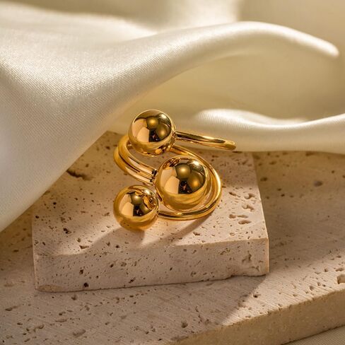 Minimalist Ball Statement Ring for Women Girls Men Gold Plated Stainless Steel Layered 3 Round Balls Open Wrap Finger Rings Comfort Fit Geometric Unique Christmas Birthday Party Jewelry Gift Size 8 in Saudi Arabia