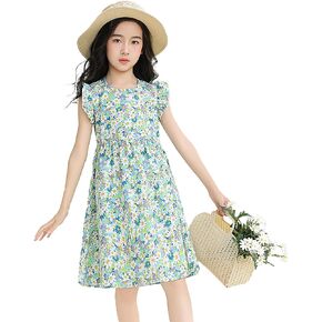 Girls Floral Dress Summer Dress Kids Round Neck Sleeveless A-Line Midi Dresses 2-14Years