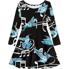 Girls Long Sleeve Midi Dress Funny Print Swing Cute Twirly A Line T Shirt Dress