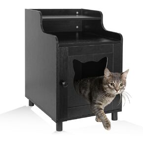 DOUSY- Small Wooden Cat Litter Box Enclosure, Hidden Litter Box Furniture Enclosed Cat Washroom Storage Cabinet, Side Table, Nightstand, Indoor Pet House 15.8 x 15.8 x 24 Inches, Black