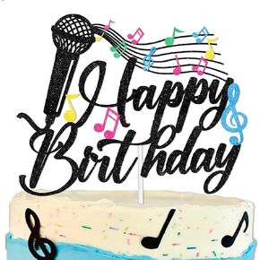 Black Glitter Cake Topper Cheer to Music KTV Microphone Theme Decoration Boys Girls Happy Birthday Anniversary Wedding Party Decor Supplies
