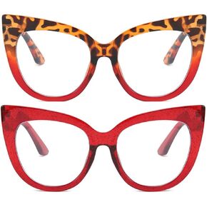 mincl Cat Eye Reading Glasses for Women,Retro Red Frame 2pack Computer Readers, Oversized Blue light Blocking Eyeglasses,