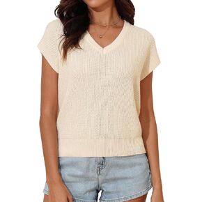 Rocorose Womens V Neck Sweater Vest Cap Sleeve Summer Sleeveless Vest Ribbed Sweater Tank Top
