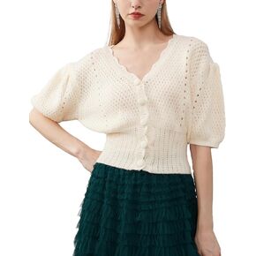 Women's Puff Short Sleeve Sweater V-Neck Button Knit Tops Crochet Soft Knitwear