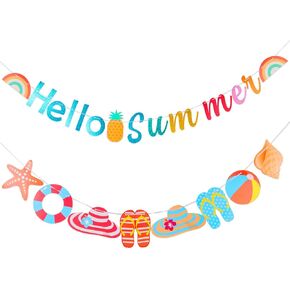 Hello Summer Banner Glitter Beach Patterns Banner Colorful Summer Pool Party Bunting Garland Banner With Rainbow Sign Summer Birthday Beach Party Decorations Supplies Indoor Outdoor Mantle Fireplace in Saudi Arabia