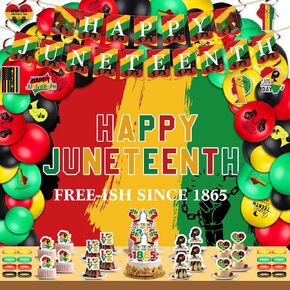 Batiyeer 117 قطعة من ديكورات حفلات Juneteenth Day خلفية لافتة بالون 19 يونيو 1865 يوم الحرية كب كيك القبعات العالية أساور معلقة دوامات لوازم الحفلات in Kuwait