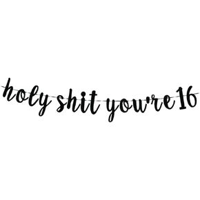 Holy Shit You're 16 Banner -Funny 16 Years Old Birthday Decorations, Funny 16&Fabulous, Cheers to 16Years Supplies, Girl/Boy's 16th Birthday Party Sign Props (Black)
