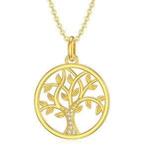 14K Gold Tree of Life Necklace for Women Real 14K Gold Family Tree Pendant Necklace with Cubic Zirconia for Her Women Ladies Mom Sisters 16+1+1 inch