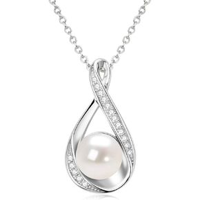 DENGGGUANG Freshwater Pearl Pendant Necklace for Women, Sterling Silver Infinity Single Pearl Necklace with Moissanite Diamond Wedding Jewelry Gift for Bride Bridesmaid